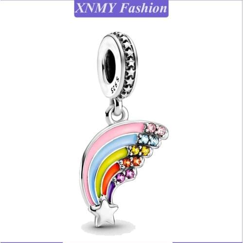 XNMY Silver Color Colourful Rainbow Dangle Charm Pendant Beads fit Original Pandora Charms Bracelet DIY Women Jewelry Making