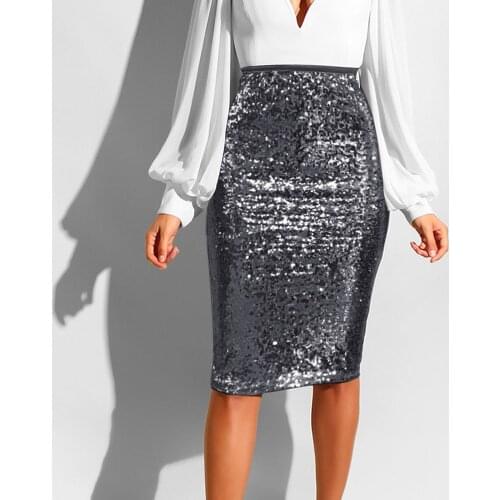 Sequins Midi Skirt Women Summer Solid Slim High Waist Push Up Hip Sexy Skirts Women Elegant Party Club Ladies Skirt Jupe Femme