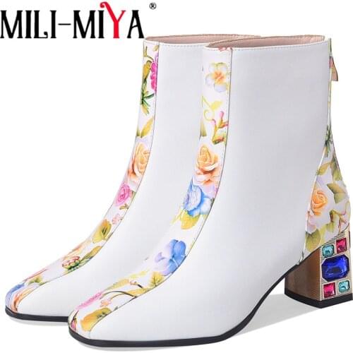 MILI-MIYA Big Size 34-43 Back Zipper Women Comfy Crystal Thick High Heel Ankle Boots Fashion Square Toe Mixed Color Party Shoes