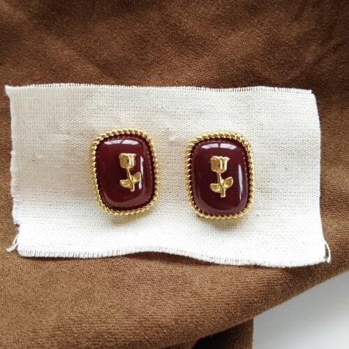 S925 needle Elegant Jewelry Earrings Golden Plating Enamel Vintage Statement Red Stud Earrings For Girls Women Jewelry Gifts