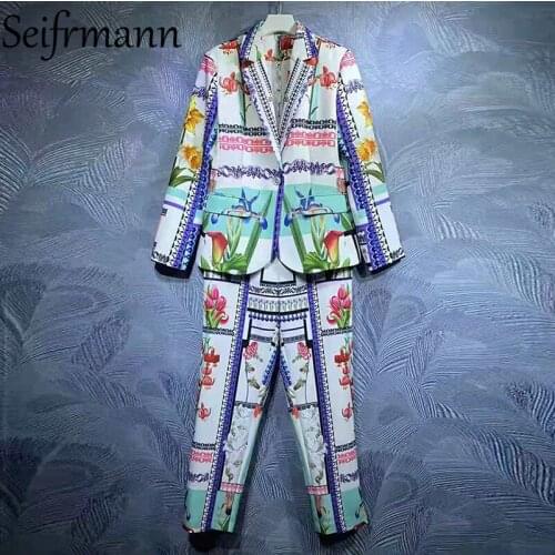 Seifrmann New 2021 Autumn Women Fashion Runway Pants Set Long Sleeve Short Coats + High Waist Floral Printed Long Pants Suits