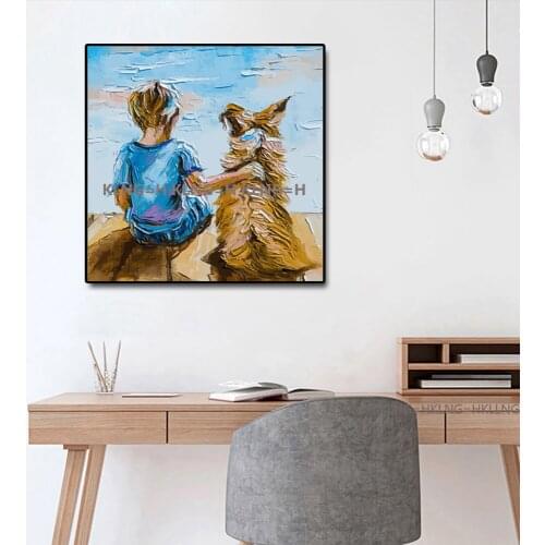 Animal hand-painted child and dog painting in the harbor humans good friends dog knife the adornment of the house wall painting