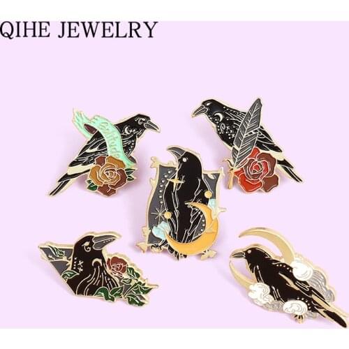 Gothic Raven Flower Enamel Pin Custom Bird Feather Moon Animal Brooches Bag Lapel Pin Badge Punk Jewelry Gift for Friends