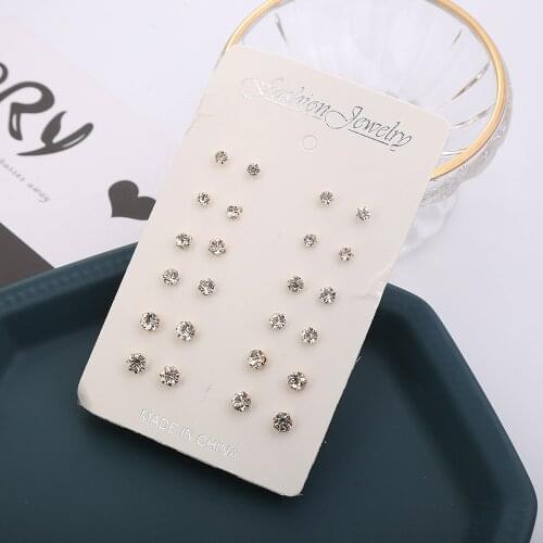 12 Pairs/set,Htzzy New Fashion Earrings for Women Gold and Silver Color Stud with Two Size Crystal Earrings Jewelry Gifts