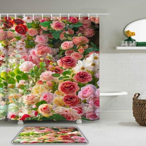3D Idyllic Flowers Shower Curtains Set Waterproof Bathroom Curtains with Hooks Anti-slip Bath Mat Rugs Toilet Home Decor