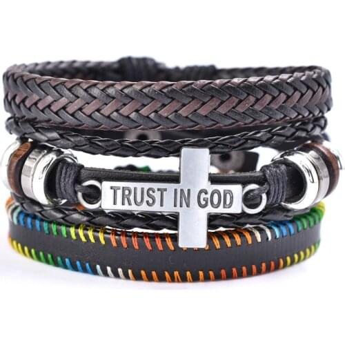 Cross Bracelets Trust In God 3 Pcs/set Trendy Black Brown Genuine Leather Women Bracelets Men Bangles Male Gift Jewelry