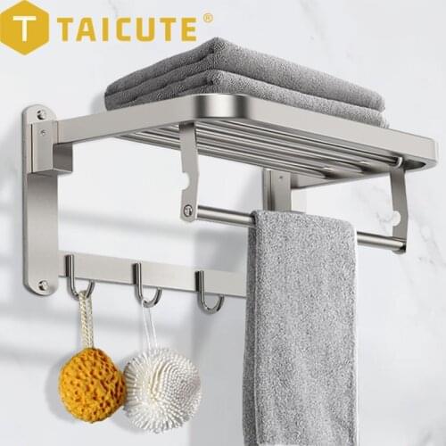 TAICUTE Folding Towel Rack Shelf with Movable Bar 4 Hooks Wall Mount Stainless Steel Towel Holder Bathroom Accessories, Brushed