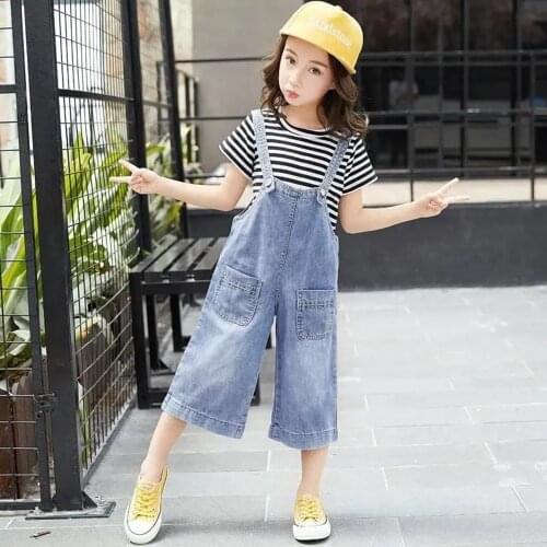 Summer Kids Hole Denim Jumpsuit For Kids Wide Leg Jeans Shorts Blue Cotton Solid Childrens Overalls Toddler Jeans For Girls