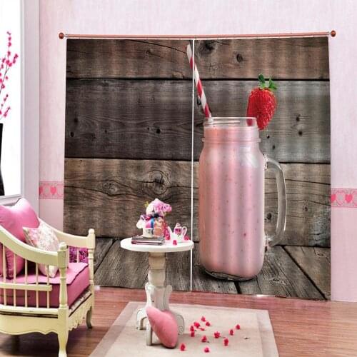 Home Decor Shower Curtains Strawberry Milk Digtal print Curtains For Living room bedroom Wood plank background Drapes