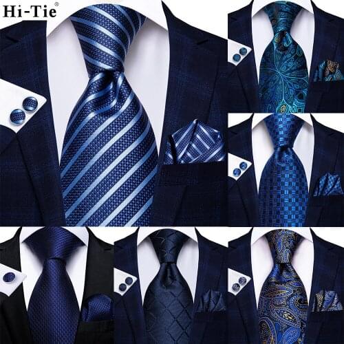 Hi-Tie Mens Necktie Navy Blue Solid Striped Silk Wedding Tie For Men Hanky Cufflinks Set Business Party New Design Dropshipping