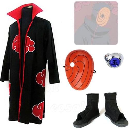 4PICS Akatsuki Cosplay Costumes Uchiha Obito Cosplay Costume Cloak Mask Halloween Man Woman Cosplay Costume Ring Accessories