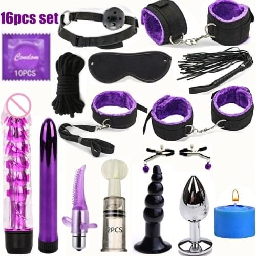 20pcs set BDSM Bondage Sex Kit Leather Handcuffs Fetish Adult Restraints Bondage Vibrator Sex Toys for Women Slave Game