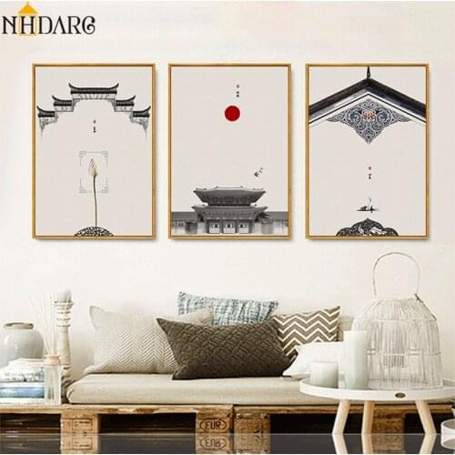 New Chinese Architectural Style of wall Scenery Posters and Prints Canvas Painting Art Wall Picture for Living Room Home Decor