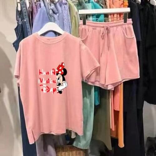 2021 New Women Young Girl Clothing Set Cartoon Printing Fashion Leisure Sports Suit Solid Two Piece Set Mickey Clothes Summer