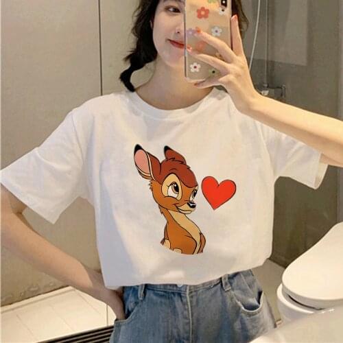 New Women T Shirt Kawaii Deer Bambi Printed Harajuku T-shirt White Suitable All Seasons Tshirt Girl Tops Clothing