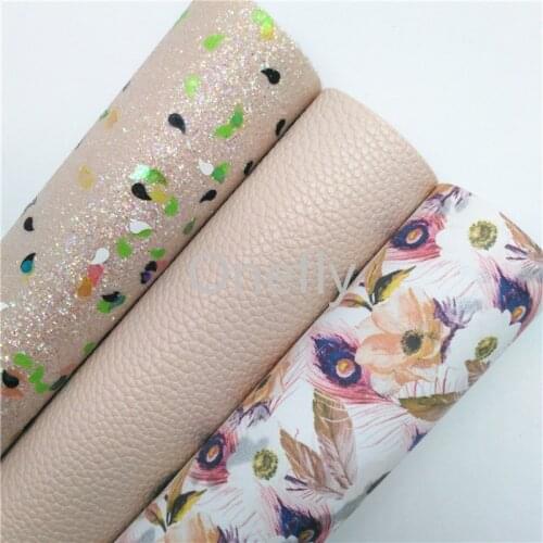 Onefly Beige Glitter Leather, Feather Printed Faux Leather Litchi Leather Fabric Sheets For Bow DIY handbags shoes BQ004