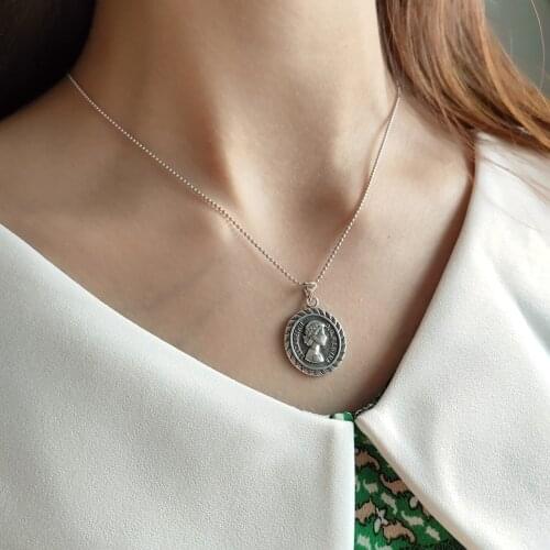 925 Sterling Silver Retro Sixpence Goddess Coin Pendant Necklace Braided Antique Silver Ball Bead Chain Elizabeth Necklaces S925