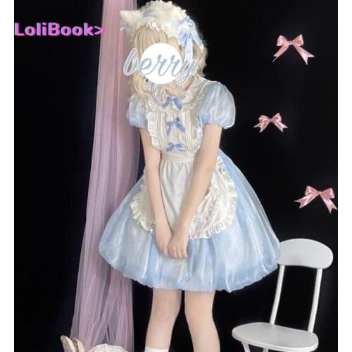 Lolibook Sweet Lolita Op Dress Summer Women Victorian Cute Puff Sleeve Party Dress Vintage Girls Kawaii Bow Ruffles Maid Dress