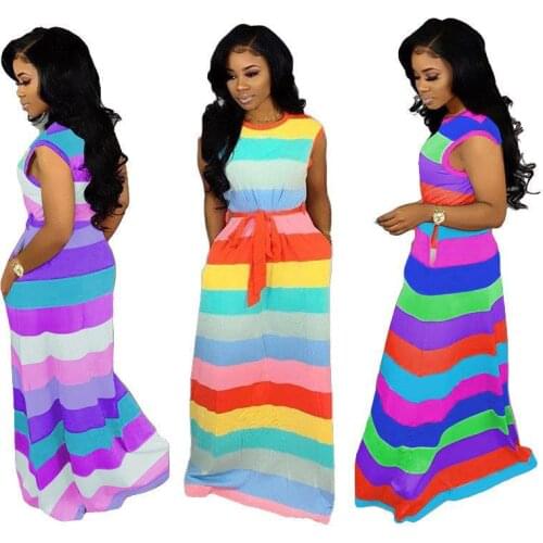 New Women Dress Striped O-Neck Sleeveless with Sashes Maxi Dress Causal Fashion Long Dresses Vestidos Summer