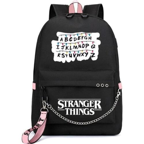 New Stranger Things Canvas Backpack USB Charge Women Student Backpack Letters Print School Bag Teenager Girls Ribbons Backpack