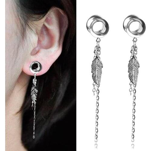 Stainless Steel Ear Piercing Earrings Ear Studs Double Horn Fringed Leaf Pendant Auricle H9