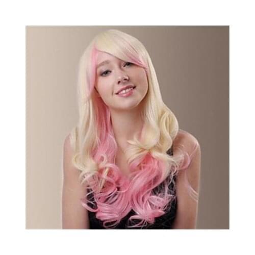 Shun New Lolita Long Light Blonde & Pink Mix Curly Women Full Hair Wig Heat Resistant