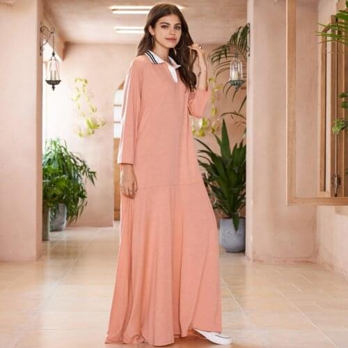 Spring Fashion College Style Contrast Color Knitting Loose Casual Home All-match Long Womens Pink Long-sleeved Dress