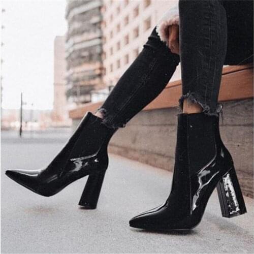 NEW 2020 Concise PU Boots Women Square High Heel Zip Solid Pointed Toe Dance Nightclub Women Ankle Boot Black Size 35-42