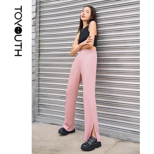 Toyouth Women Trousers 2021 Summer Straight High Waist Wide Leg Split Solid Black Pink Casual Simple Pants