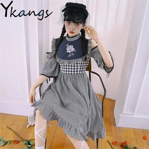 Vintage Rose Print Hollow Out Strapless Dress Design Ruffles Plaid Vestidos Short Sleeve Summer Sweet Lace Up Casual Streetwear