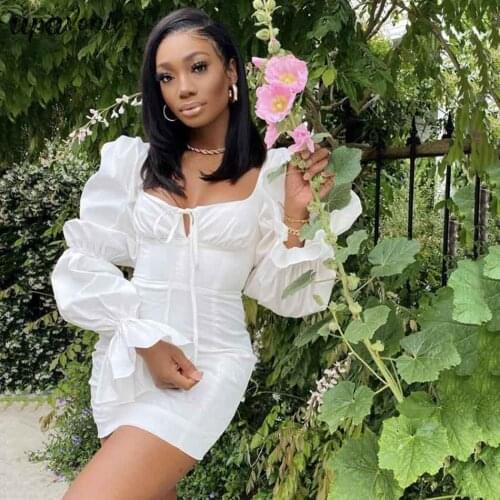 2020 Summer New Womens White Bodycon Dress Vestidos Sexy Square Collar Bubble Long Sleeve Club Celebrity Runway Party Dresses