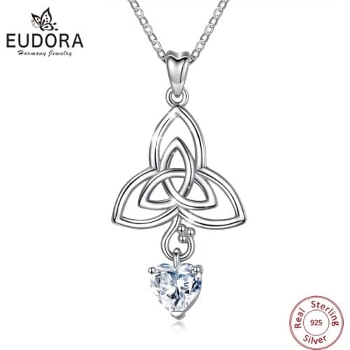 Eudora Real Sterling Silver Heart Pendant Neckalce good Luck Celtics Knot Choker Women Fashion 925 Jewelry for Party Gift D191