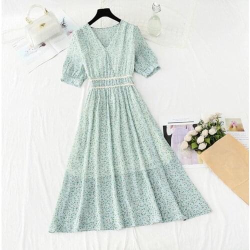 Short Sleeve Print Women Dress Summer 2021 New Sweet V-neck Slim Chiffon Long Dress Elegant A Line Bandage Floral Dresses