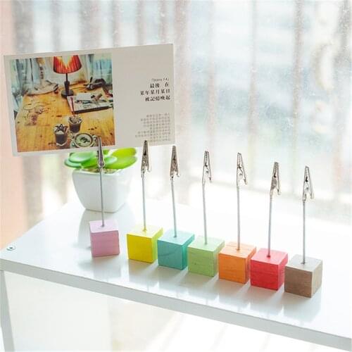 2pcs Colorful Wooden Cube Memo Clip Holder Iron Photo Clamps Stand Desktop Ornaments для офиса Office Desk Organizer
