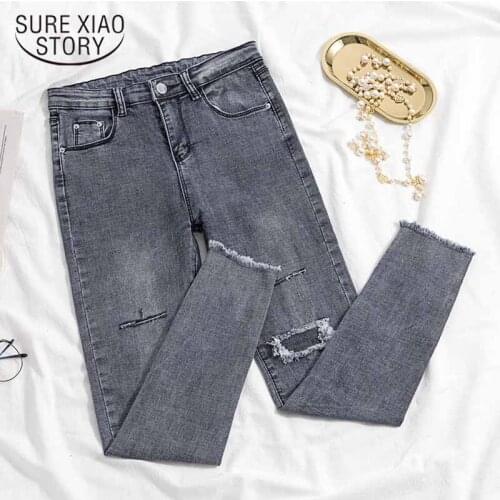 2021 Gray Denim Elastic Trousers for Ladies Korean Hole Button Women Pencil Pants High Waist Denim Jeans Fashion Pantalon 11721