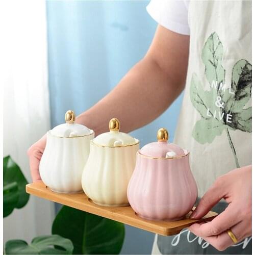 330mlx3pcs/Set Ceramic Spice Jar With Wood Tray Household Seasoning Canister Kit Kitchen Accessories Combination Storage Can