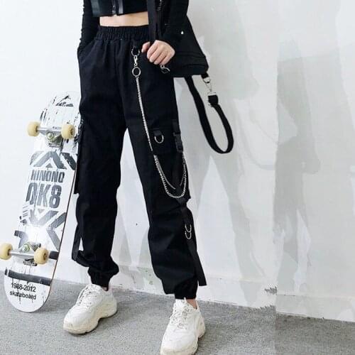 Women Elastic Waist Cargo Pants Female Casual Joggers High Waist Loose Trousers Ladies Korean Punk Ring Chain Streetwear C08