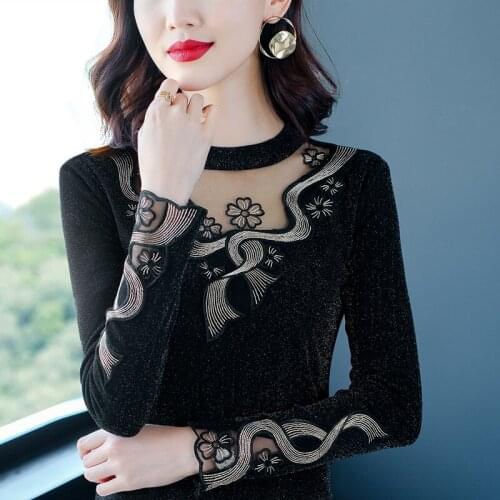 Art T-Shirt Women Sexy Patchwork Tops Appliques Mesh Fabric Fall Winter O-Collar With Velvet Render Unlined Upper Garment Female