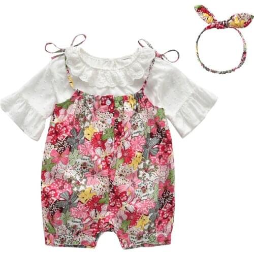 3 pcs Girls Clothing sets White Tops + Floral belt short + headband summer clothes suit newborn for 0-24M baby girl clothes
