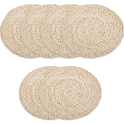 Round Corn Straw Placemats,Natural Grass Braided for Tea Coffee Table Advantages, Heat Insulation Pads,6 Pack,14 Inch