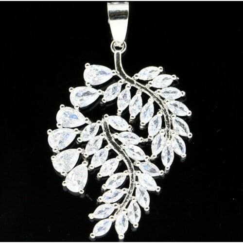 46x28mm Beautiful Leaf Shape Created White Bright Cubic Zircon For Womans Jewelry Making Silver Pendant