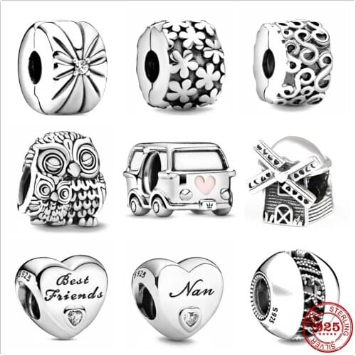 925 Sterling Silver Sparkling Sunburst Clip charm Best friend Nan owl DIY fine beads Fit Original Pandora Charm Bracelet Jewelry