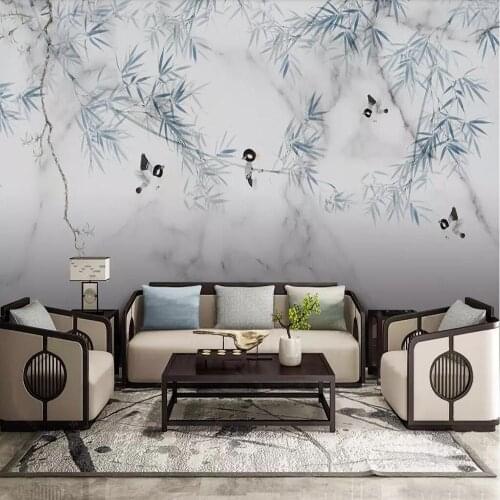 Milofi custom 3D wallpaper mural modern marble pattern bamboo flowers and birds background wall decoration wallpaper mural