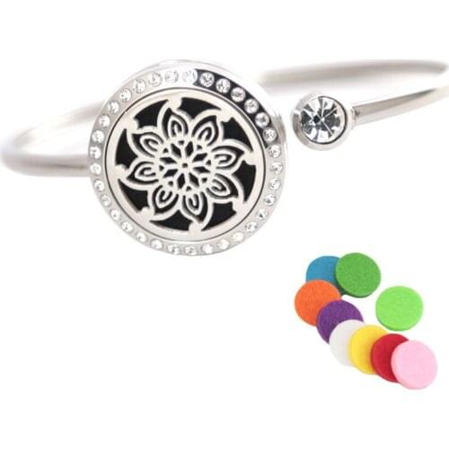Fashion Flower Bracelet Locket Bangle Aromatherapy 25mm Magnet Crystal Stainless steel essential oil diffuser locket bracelet