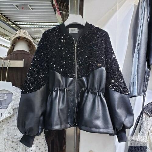 2020 new european fashion womens paillette shinny bling patchwork PU leather lacing slim waist loose long sleeve coat casacos S
