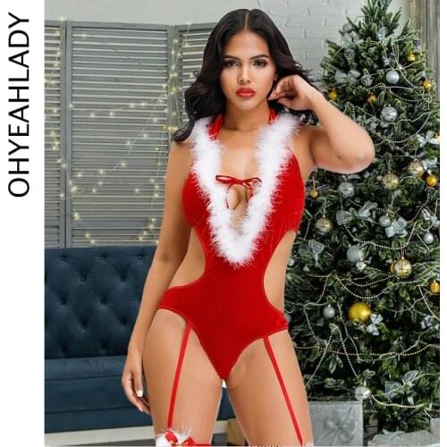 Ohyeahlady Sexy Bodysuit For Sex Christmas Romper Costume Tenue Sexy Femme Hot Porno V-neck Backless Teddy Lingerie SJ9061
