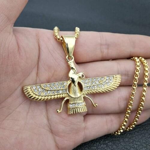 Hip Hop Rhinestone Paved Bling Iced Out Iran Faravahar Ahura Mazda Zoroastrian Pendant Necklace Gold Stainless Steel Men Jewelry