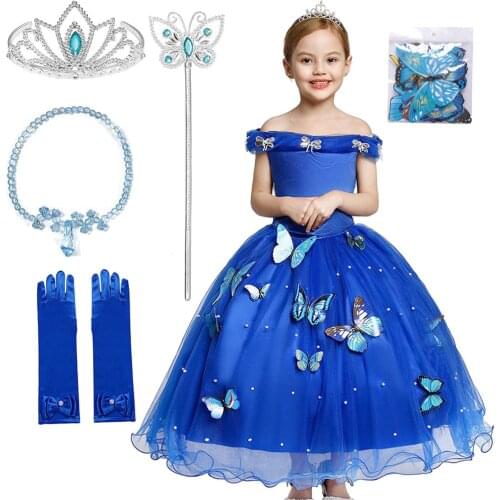 Girls Cinderella Dress Up Costume Fancy Girl Blue Evening Tulle Long Dress Kids Sleeveless Princess Party Dresses for Birthday