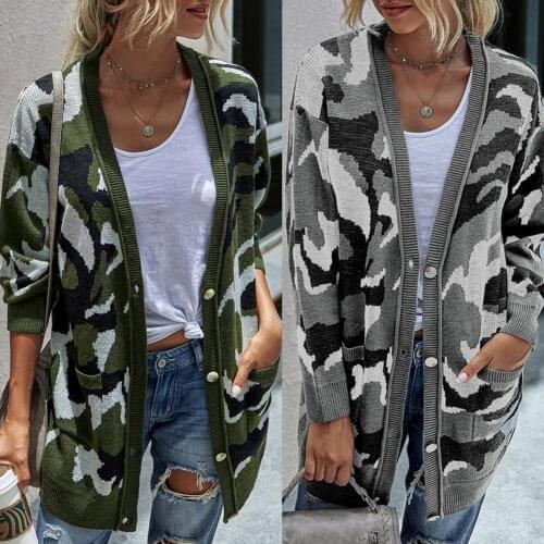 Women Autumn Winter Camouflage Open Front Cardigan Buttons Long Sweater Coat