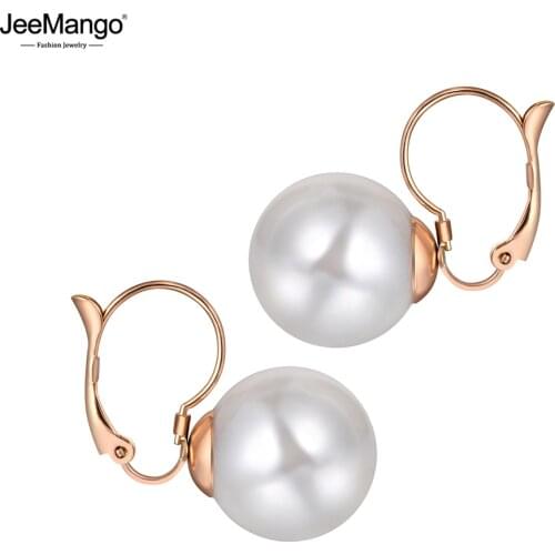 JeeMango Trendy Titanium Stainless Steel White Pearl Earrings For Women Classic Rose Gold Party Wedding Jewelry kolczyki JE20051